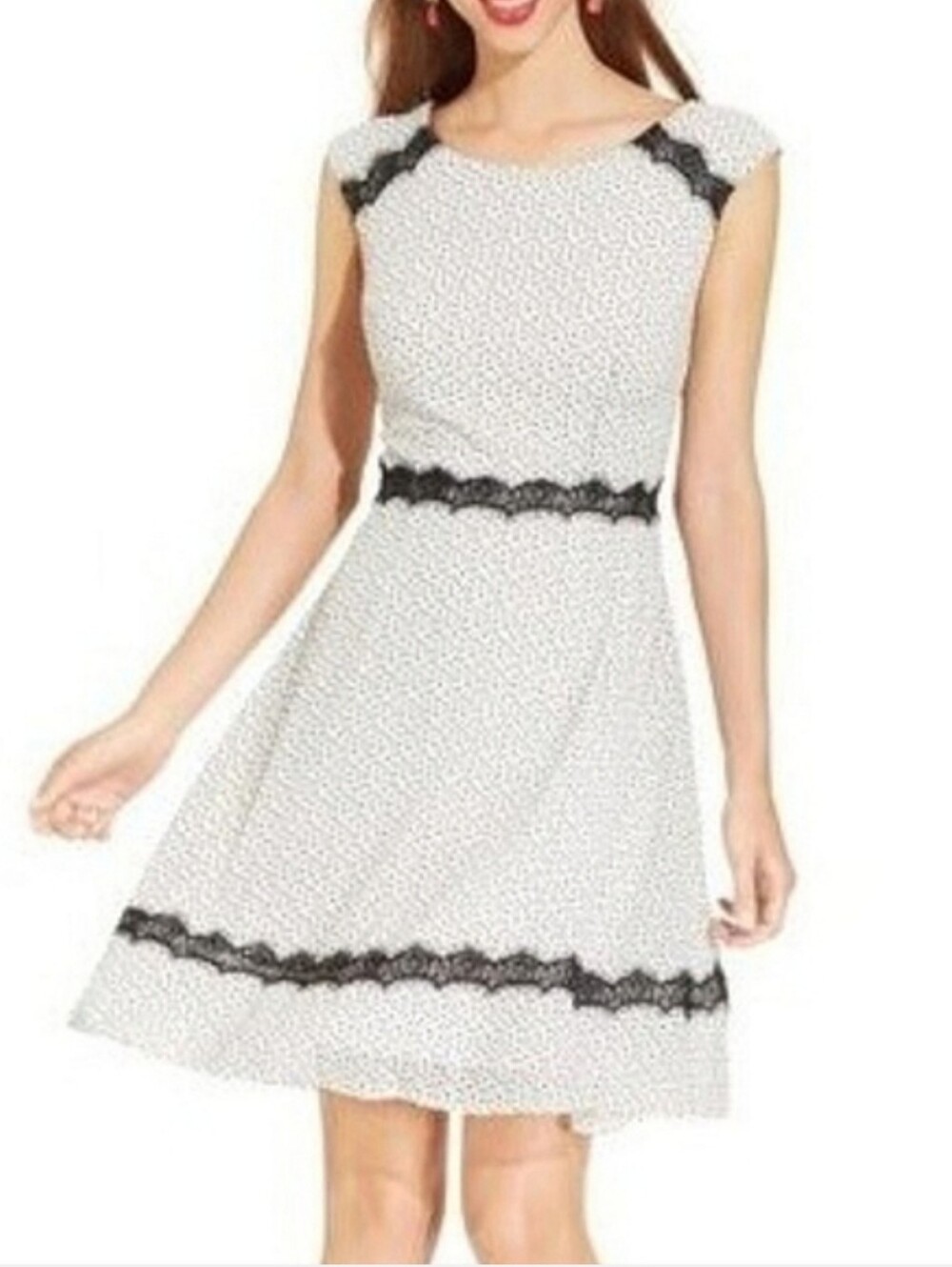 Betsey Johnson Black And White Flocked Dress With Eyelash Lace Trim